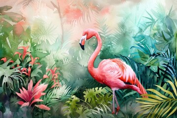 Fototapeta premium A serene pink flamingo stands amidst a lush tropical landscape, surrounded by vibrant flowers and palm trees. The watercolor painting exudes a sense of tranquility and beauty.