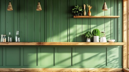 Wooden shelf with plants in modern kitchen interior