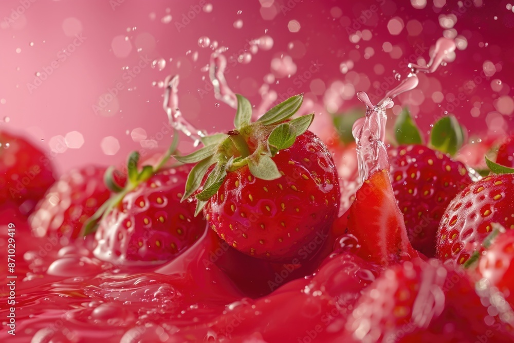 Poster A group of juicy strawberries with water droplets creating a refreshing effect