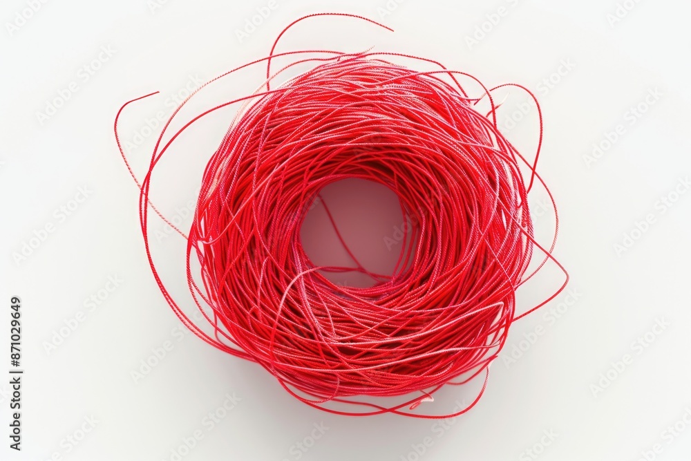 Poster a spool of red thread on a plain white surface, perfect for use in crafting and diy projects