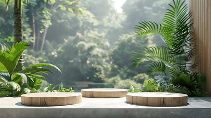 Wooden podiums with tropical plants in the garden