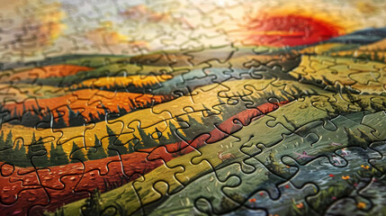 A puzzle of a field with a sun in the sky