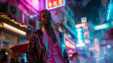 Fototapeta premium An African American man or businessman, with sunglasses in an elegant and trendy suit or tuxedo, posing on the street in town or city with night lights on. Nightlife and clubbing and disco party