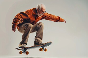 Elderly Man Performing Skateboarding Trick. Senior man with white hair and beard skateboarding in mid-air, showcasing athleticism and adventure in a studio setting.