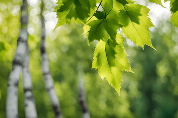 Obraz premium Sunbeams dance on vibrant green leaves. A birch shimmers in the breeze, its delicate foliage blurring at the edges. Summer whispers through this close-up portrait of nature's vibrancy.