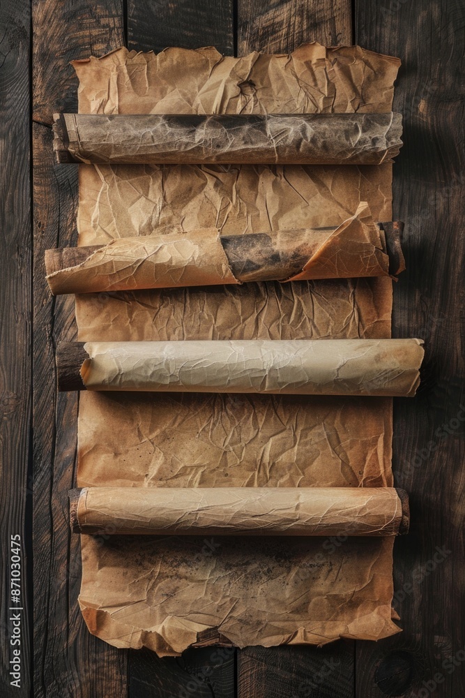 Poster a pile of rolled up papers sits on a wooden table, waiting to be unrolled and read