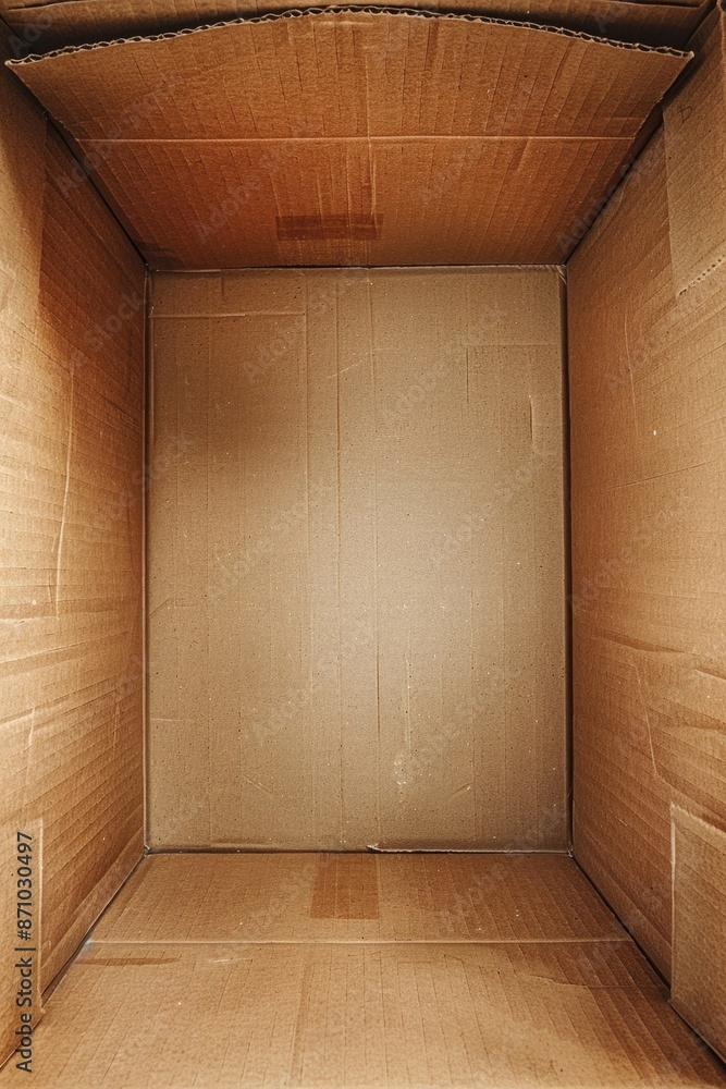Poster a cardboard box with a closed door, suitable for various uses such as storage or play