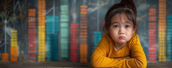 Upset young girl leaning on a desk with economic charts and graphs in the background