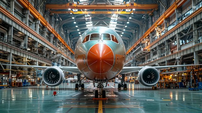 A vibrant, detailed image of an aerospace manufacturing plant with assembly lines for aircraft and spacecraft, showcasing advanced production techniques. , Minimalism,