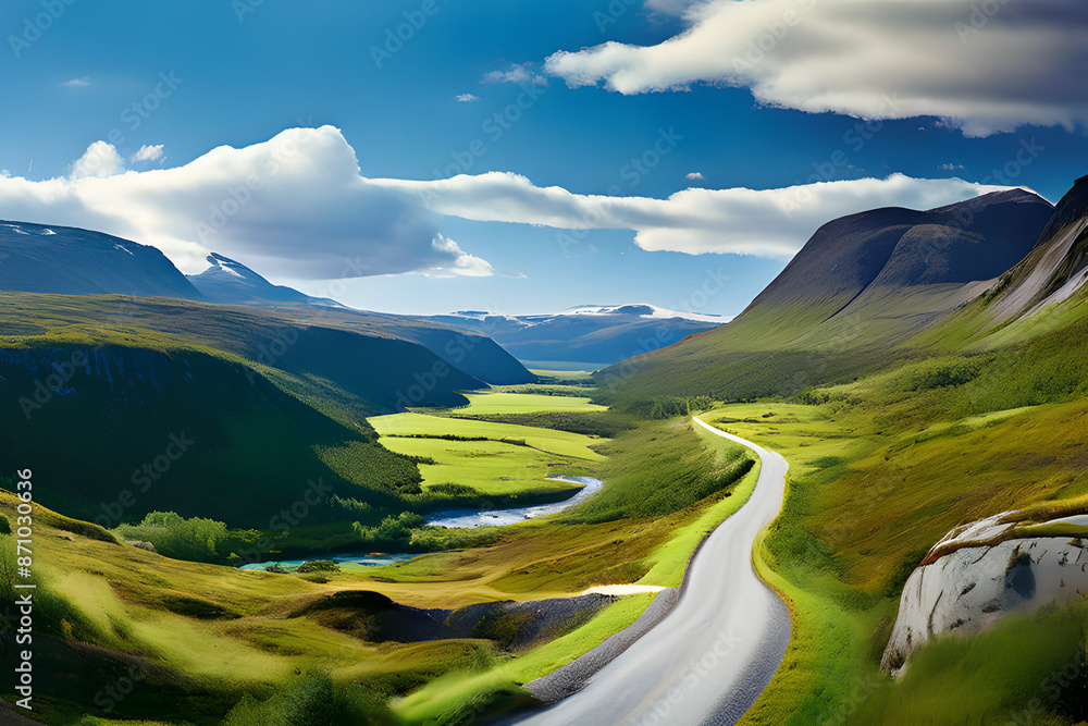 Poster Unfurl a breathtaking panorama of the Norwegian highlands. A serpentine ribbon of road winds its way through a landscape awash with verdant splendor.