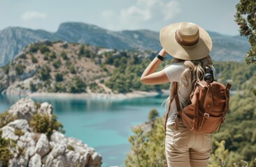 Obraz premium an American woman in a wide-brimmed hat and beige pants taking photos with binoculars against the backdrop of mountains, forests, lakes and sea Generative AI