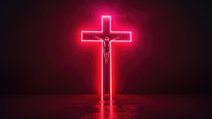 A bold red neon cross against a dark black background
