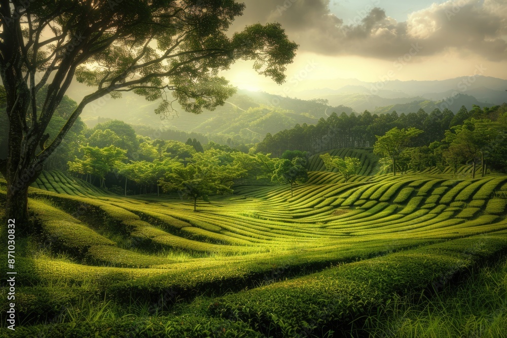 Poster lush green field with a single tree standing tall in the center