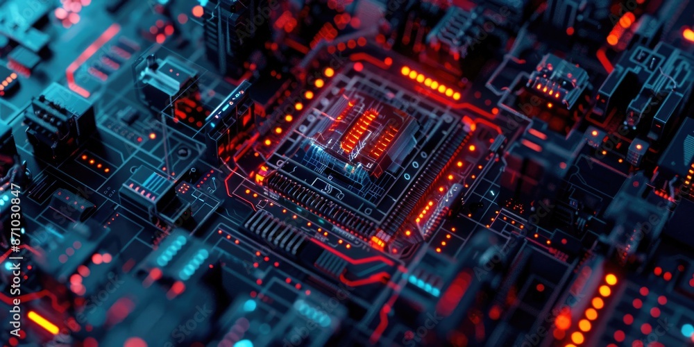 Poster close-up shot of a circuit board featuring red indicator lights