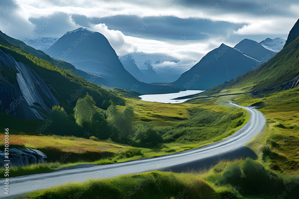 Poster unfurl a breathtaking panorama of the norwegian highlands. a serpentine ribbon of road winds its way