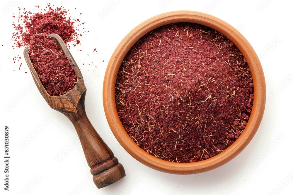 Poster a bowl of dried red rice served alongside a wooden spoon, perfect for adding a rustic touch to your 