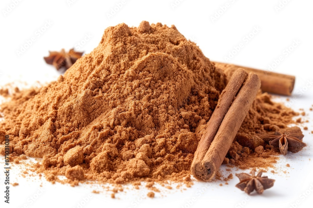 Poster a stack of cinnamon powder and cinnamon sticks on a rustic wooden surface
