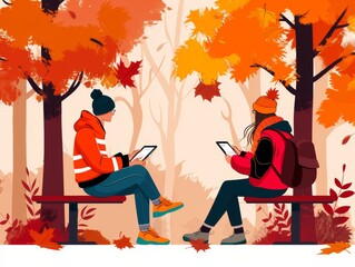 Virtual Learning in Autumn Forest - Flat Design Illustration of Educational Session Outdoors