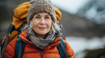 An older woman in an orange jacket and beanie, carrying a backpack, stands confidently in a snowy mountainous landscape, showcasing vitality and adventurous spirit.