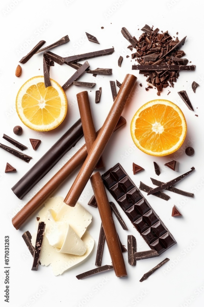 Poster a variety of chocolates and orange slices arranged on a white surface