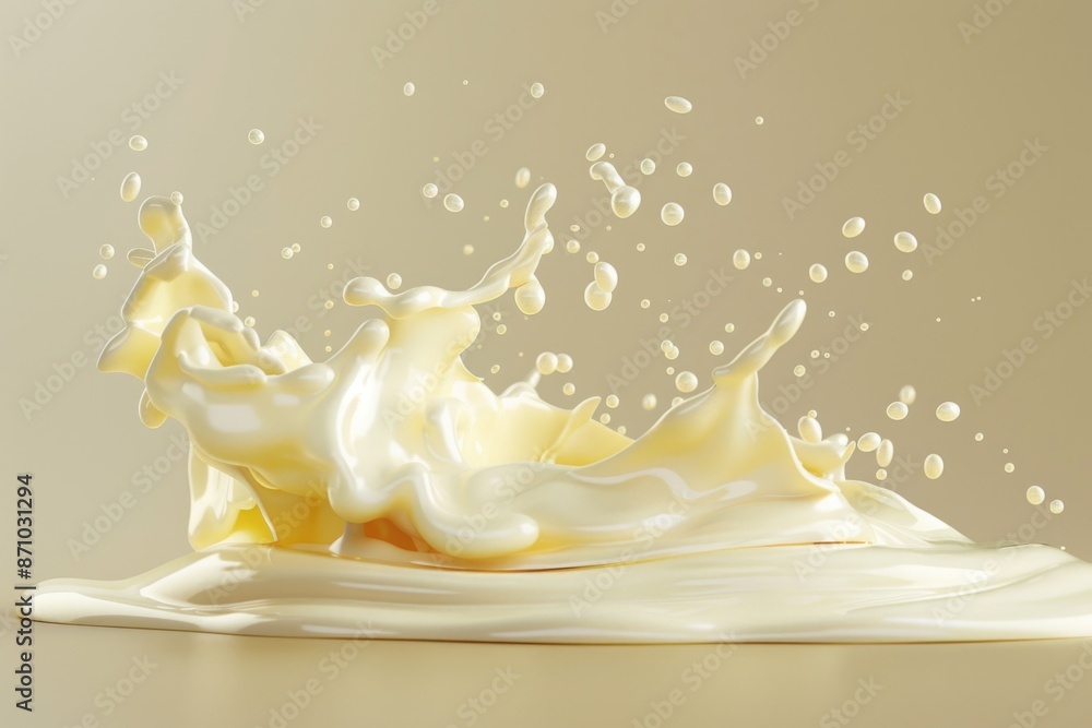 Poster a splash of milk spills onto the surface of a table, with a calm and serene atmosphere