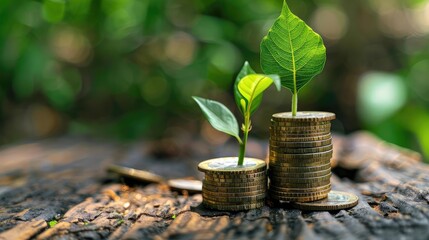 Eco-friendly investment concept with a plant growing from savings coins, symbolizing sustainable financial growth, [plant growing in savings coins], [eco-friendly growth]