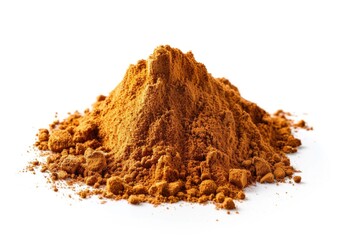A pile of cinnamon powder on a white surface, suitable for food or beauty uses