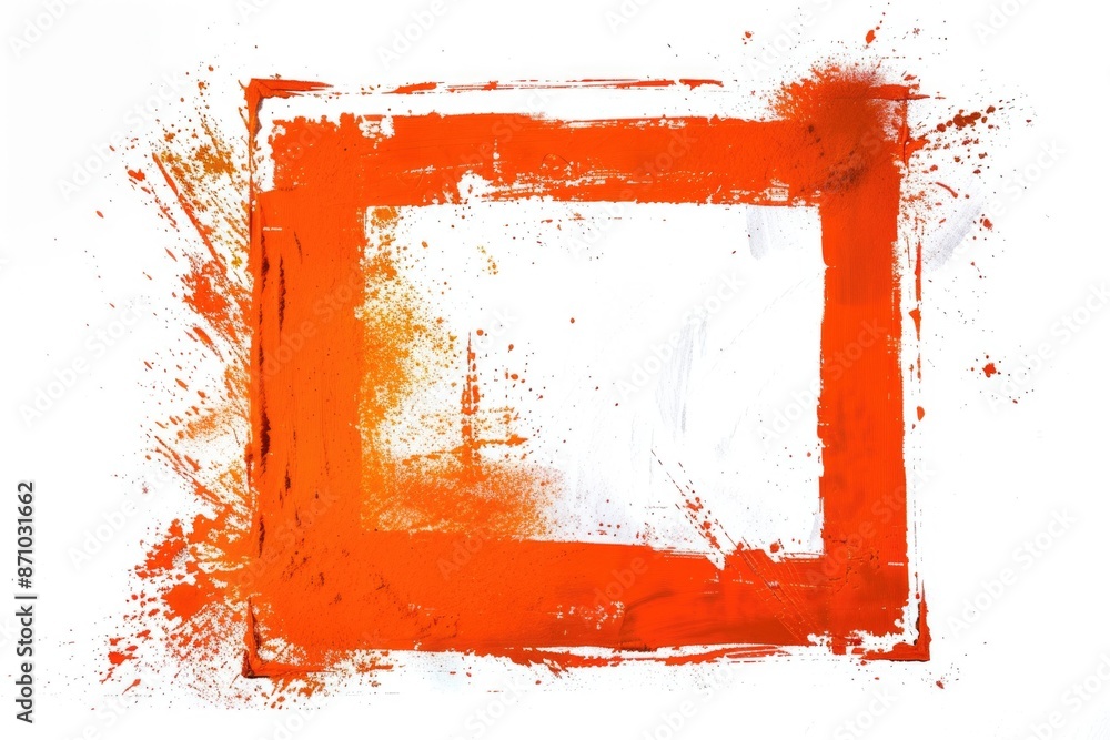 Poster a vibrant orange square with colorful paint splatters, perfect for artsy backgrounds and creative pr