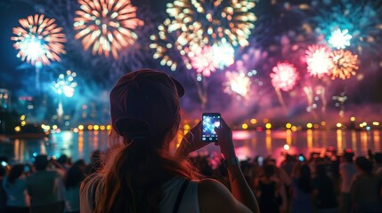 Fototapeta premium A person is taking a photo of a stunning fireworks display over a body of water at night, capturing the festive and exciting atmosphere with their smartphone.