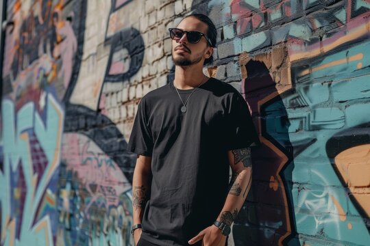 A casual photo of a man wearing sunglasses and an empty black t-shirt mockup standing confidently against a graffiti wall