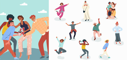 Illustration with a set of people, guys, girls, happily celebrating, waving and bouncing. Youth day, friendship day, hug day. Vector hand drawn illustration.