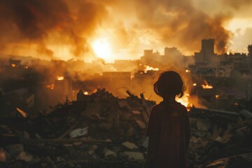 A woman stands amidst a pile of rubble, surrounded by debris