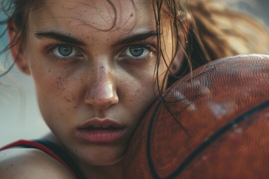 A close-up photo of a young woman basketball player, with a determined expression, holding the ball in her hands. Her eyes are focused and intense, suggesting she is ready for the next play
