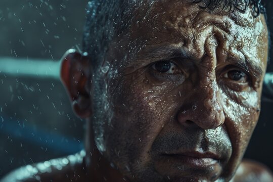 A close-up photo of a middle-aged Hispanic mans face, drenched in sweat after an intense boxing workout