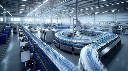 An artistic depiction of a beverage bottling plant with automated filling, capping, and labeling machines, highlighting the efficiency of mass production in the beverage industry. , Minimalism,