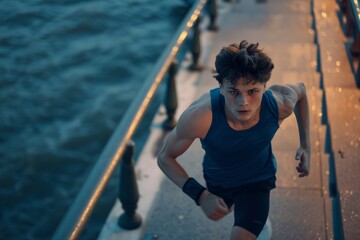 Close-up shot of a young man jogging on a well-lit promenade during his evening workout