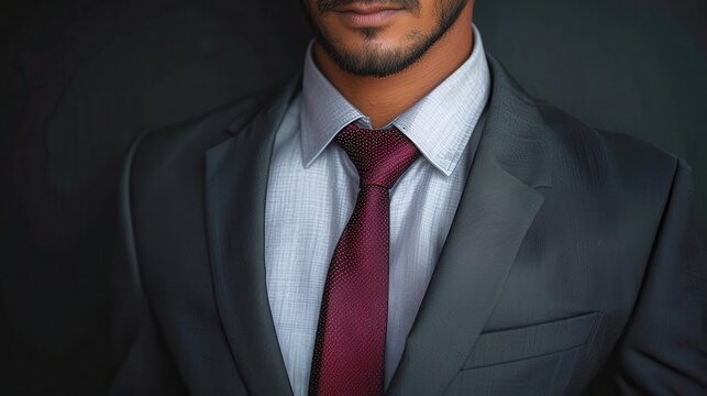 A man in a grey suit with a red tie and white shirt, posing against a black background, showcasing a stylish and professional look suitable for business settings.