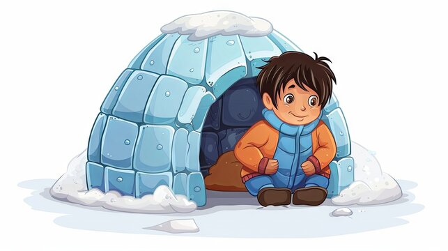 cartoon igloo with little boy on the white background 