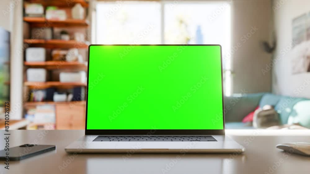 Poster laptop with a green screen on a table in a bright home office. perfect for inserting your own conten