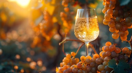 Glass of sparkling wine among grapevines at sunset. Outdoor photography of a vineyard with a glass of wine. Wine tasting and vineyard concept.