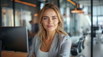 Fototapeta premium A smiling businesswoman stands confidently with crossed arms in a stylish, modern office space, embodying the essence of career success and professional attitude.