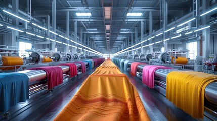 An artistic rendering of a textile dyeing and finishing plant with automated machines, showcasing the processes involved in adding color and finishing textiles. , Minimalism,