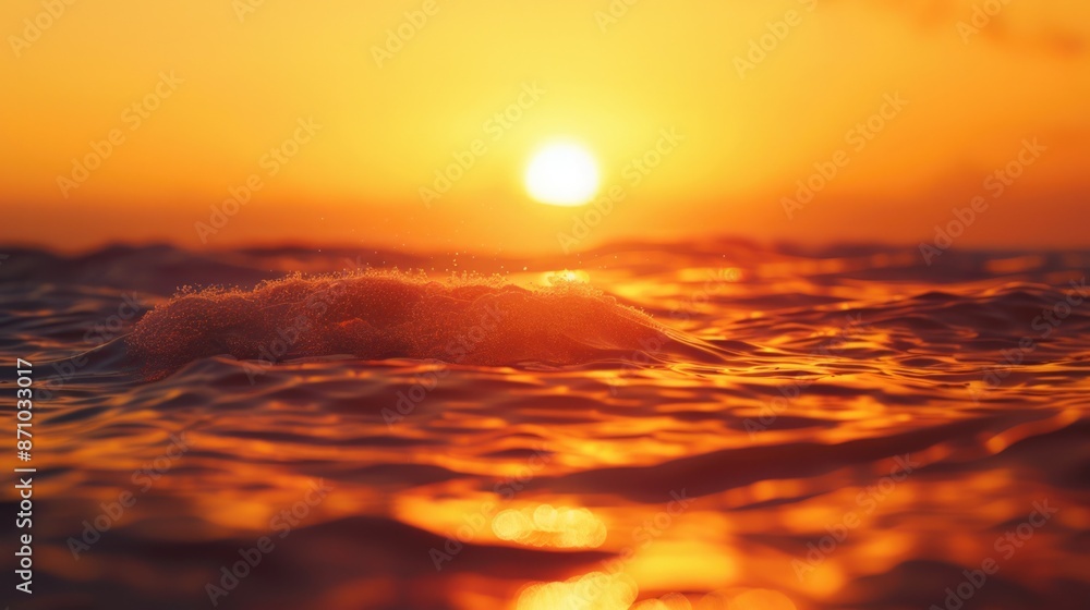 Poster sun setting over calm ocean waves with golden light