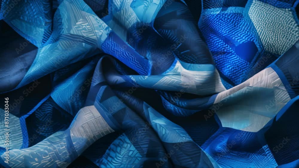 Poster a geometric print scarf with overlapping hexagons and octagons in various shades of blue.