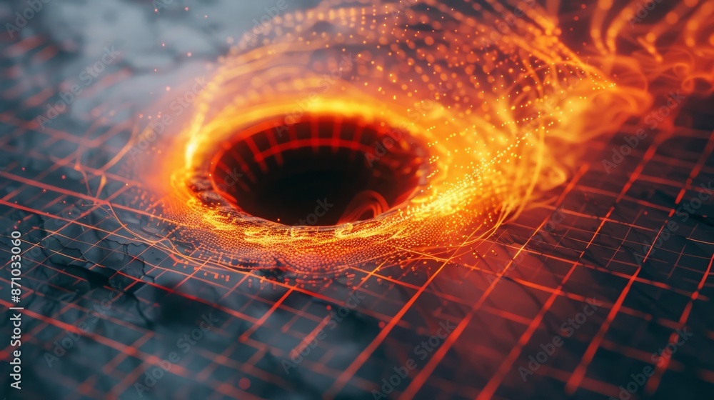 Poster abstract visualization of a black hole with data grid. digital art depicting a glowing black hole wi