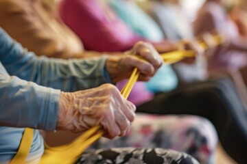 Close-up shot of elderly women participating in seated resistance band exercises at a nursing home