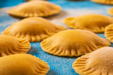 Hand made Ravioli noodles in close up view with soft bokeh background