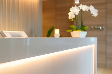 A closeup photo of a sleek and modern spa reception desk with minimalist design details. The desk features a white surface with subtle lighting and a thin edge