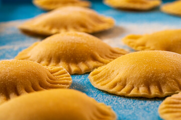 Hand made Ravioli noodles in close up view with soft bokeh background