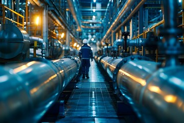 Fototapeta premium A worker inside an impressive industrial complex full of pipes, valves and fittings. Industrial Worker Inspection Pipeline Facility Night
